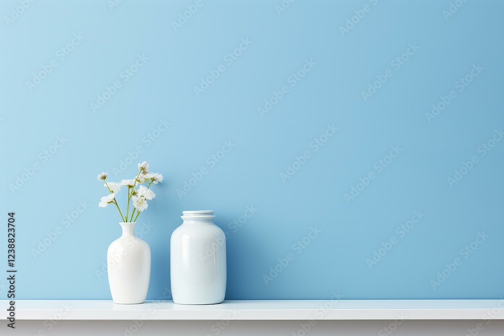 Minimalist interior design with white shelf, flower vase and empty jar against pastel blue wall with copy space