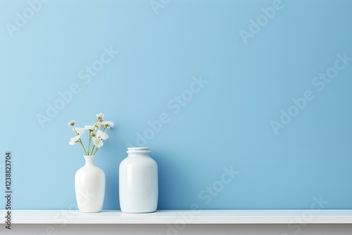 Obraz na płótnie Minimalist interior design with white shelf, flower vase and empty jar against pastel blue wall with copy space w salonie