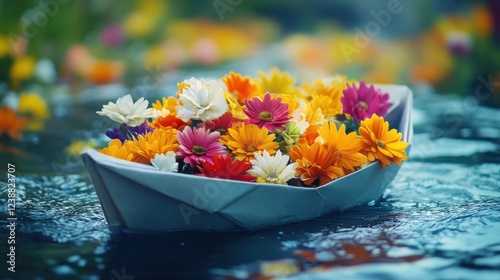 Origami boat filled with vibrant flowers floating on water in serene nature scene