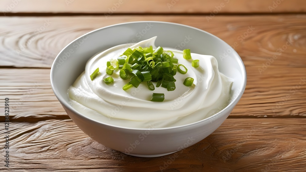 Fresh sour cream topped with green onions in bowl on wooden table, creating delightful and appetizing presentation. Perfect for dips or as side dish Fresh sour cream topped with green onions in bowl on wooden table, creating delightful and appetizing presentation. Perfect for dips or as side dish