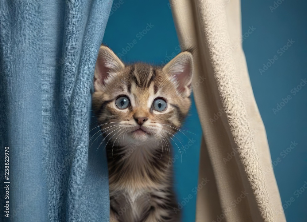Tabby grey kitten peeking out from behind a curtain on a blue background, peek, tabby, curtain Tabby grey kitten peeking out from behind a curtain on a blue background, peek, tabby, curtain