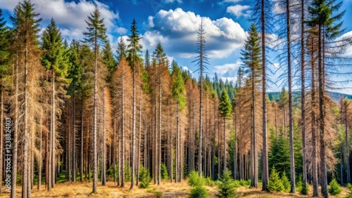 Dead pine trees infested by bark beetles in a Morvan forest, deciduous forest photo