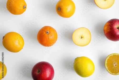 Top view of oranges, apples, and lemons on a white background, featuring a minimalist concept, perfect for clean and modern design