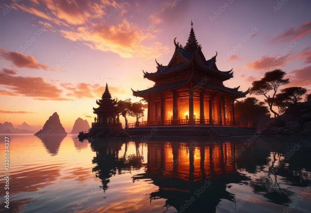 Fototapeta premium Temple overlooking sea and sunset with reflection in water, temple, sky, pink