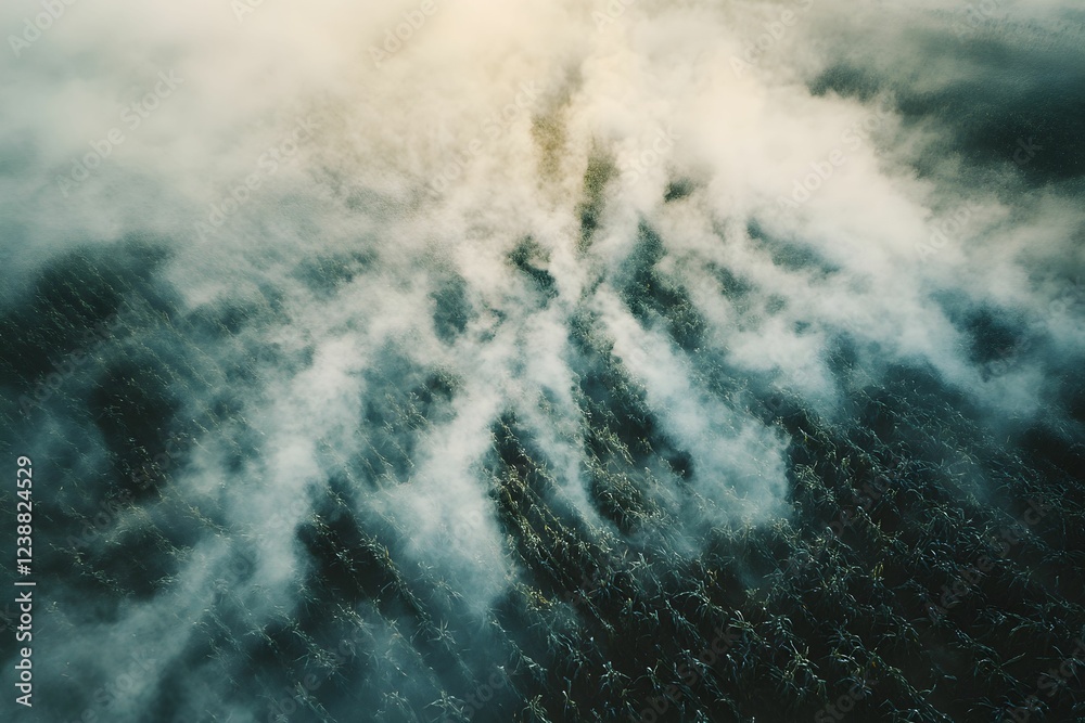 Fototapeta premium Mist rises over lush green cornfield at dawn creating a mystical atmosphere