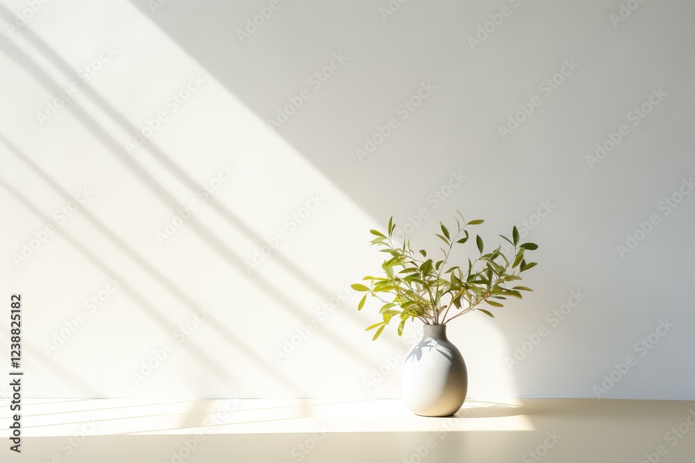 Sunlight creating shadows on a minimal white wall with a plant in a vase on a table Sunlight creating shadows on a minimal white wall with a plant in a vase on a table