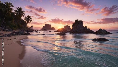 The tranquil atmosphere of Saleccia Beach at dawn, calm waters, beach scene at dawn, peaceful atmosphere photo