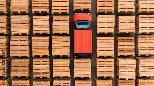 Bustling rural yard scene with trucks loading wooden crates pallets and cargo onto the vehicles for transportation and delivery of goods and merchandise