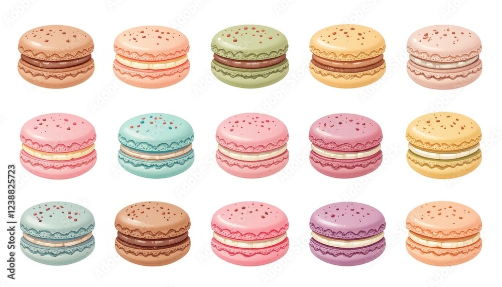 A set of French macaron illustrations on a white background