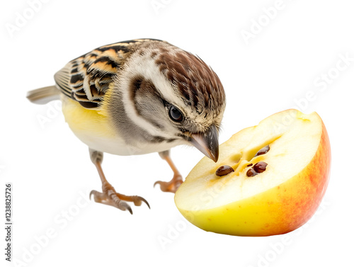 A small sparrow bird with brown and yellow plumage is captured in a close-up as it perches on a slice of juicy red apple and nibbles, isolated on transparent background, PNG