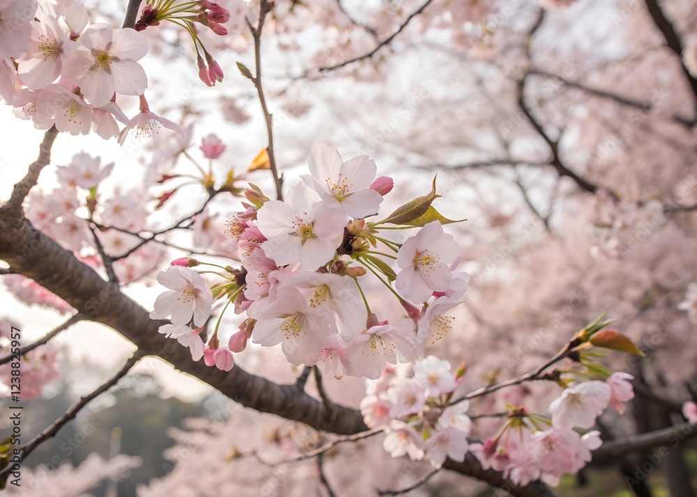A close-up of delicate pink and white cherry blossoms in full bloom A close-up of delicate pink and white cherry blossoms in full bloom
