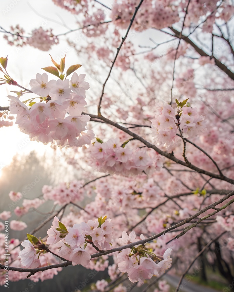 A close-up of delicate pink and white cherry blossoms in full bloom A close-up of delicate pink and white cherry blossoms in full bloom