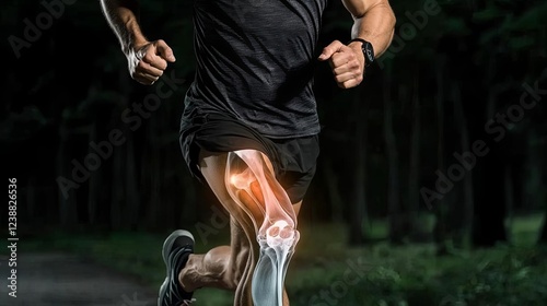 Runner demonstrating knee joint movement. X-ray bone, injury