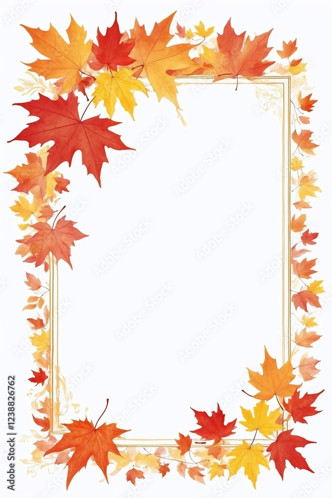 Thin Elegant Frame with Small Red, Yellow, and Orange Maple Leaves on White Background Thin Elegant Frame with Small Red, Yellow, and Orange Maple Leaves on White Background