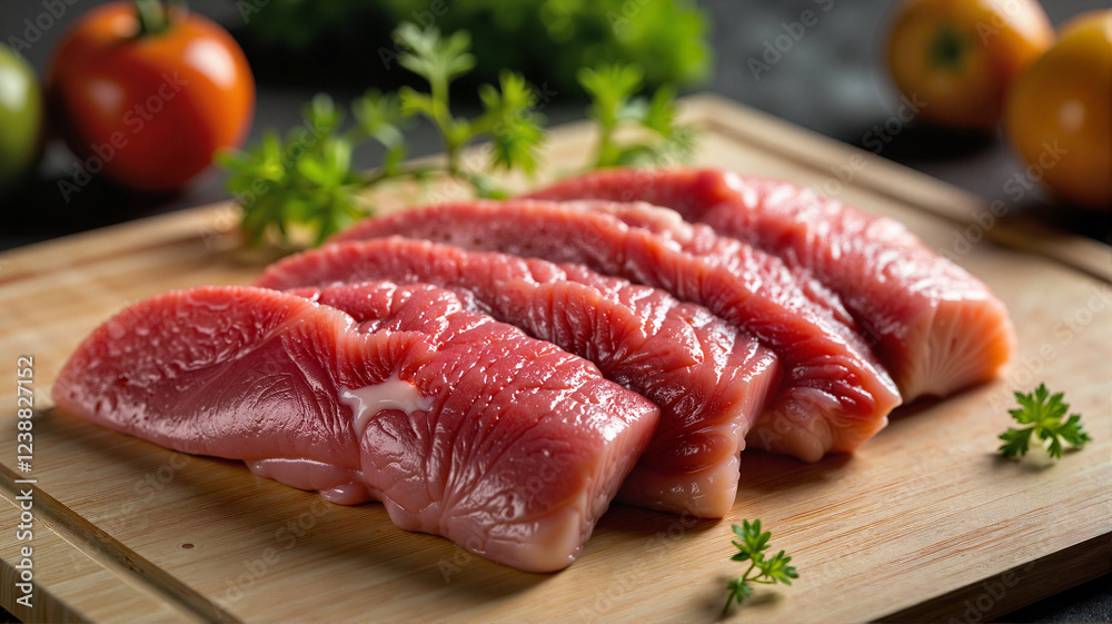 Close-up of elegantly sliced matambre on wooden board, culinary delight Close-up of elegantly sliced matambre on wooden board, culinary delight