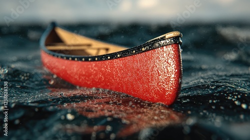 Red canoe on wavy water, stormy sky background; travel, adventure