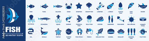 Fish Icons Set. Seafood and Marine Life Vector Icons Collection. A detailed set of seafood, marine animals, and fish vector icons.