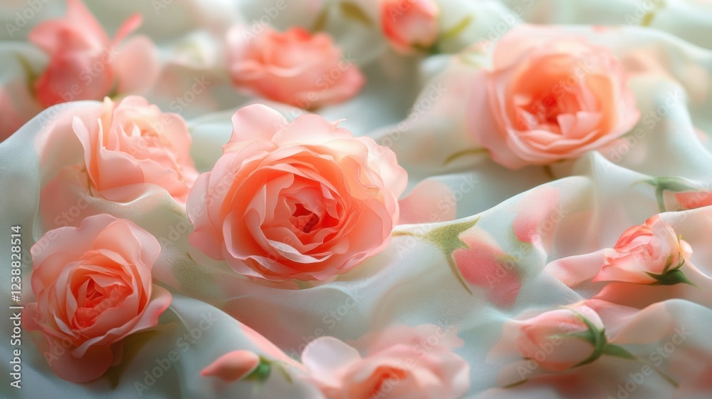 Elegant pink roses on delicate fabric with soft light and shadows Elegant pink roses on delicate fabric with soft light and shadows