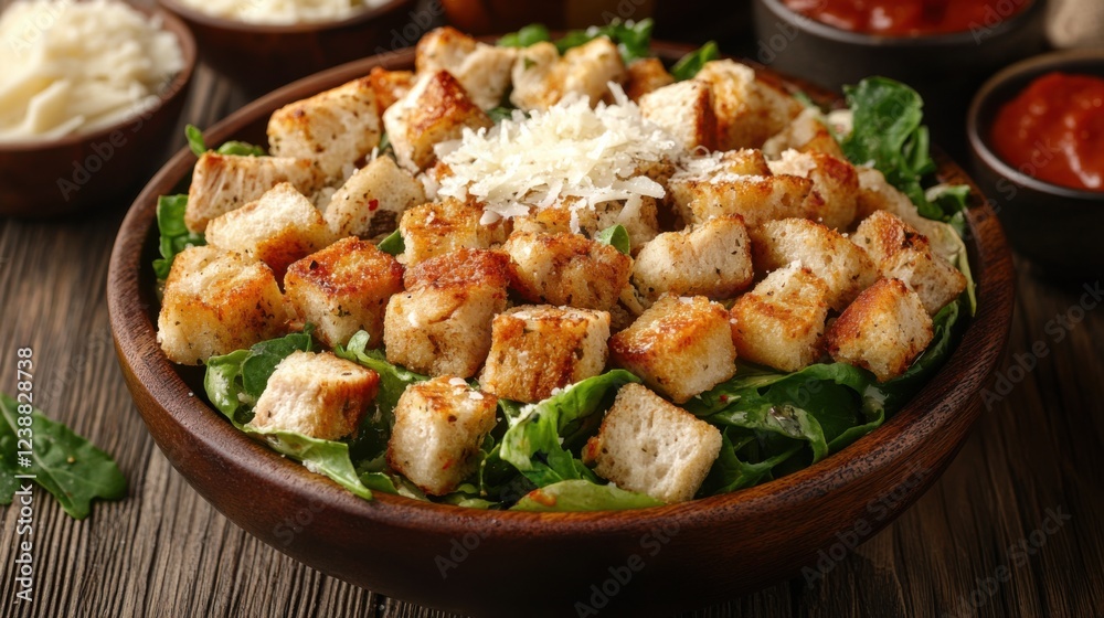Fresh caesar salad with crispy croutons and parmesan, served in a rustic wooden bowl Fresh caesar salad with crispy croutons and parmesan, served in a rustic wooden bowl