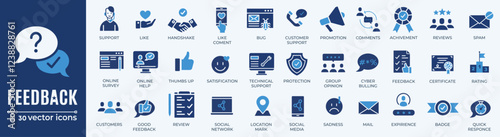 Feedback and Customer Support Vector Icons Set. Collection of feedback, customer service, and social media engagement vector icons.