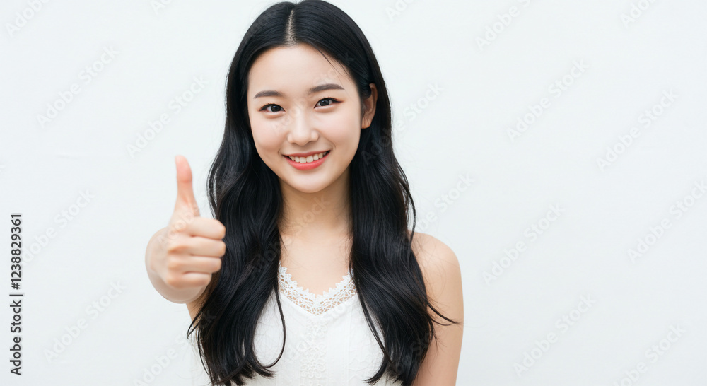 A cute Asian woman with long, silky black hair, wearing a white sundress, making a thumbs up A cute Asian woman with long, silky black hair, wearing a white sundress, making a thumbs up