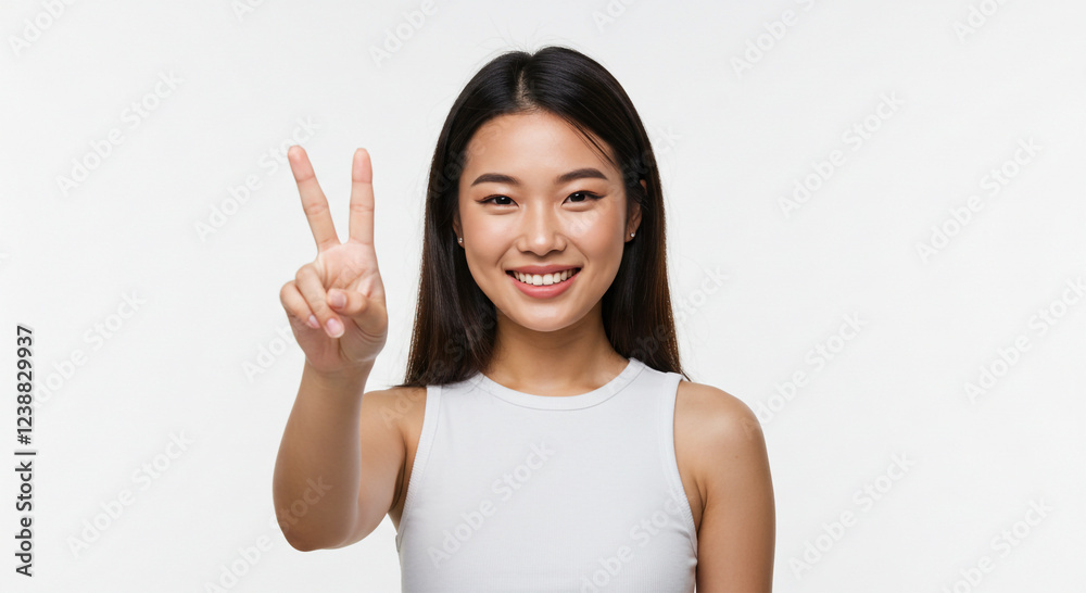 A photorealistic portrait of a confident young Asian woman with a warm smile, raising her hand in a peace sign gesture A photorealistic portrait of a confident young Asian woman with a warm smile, raising her hand in a peace sign gesture