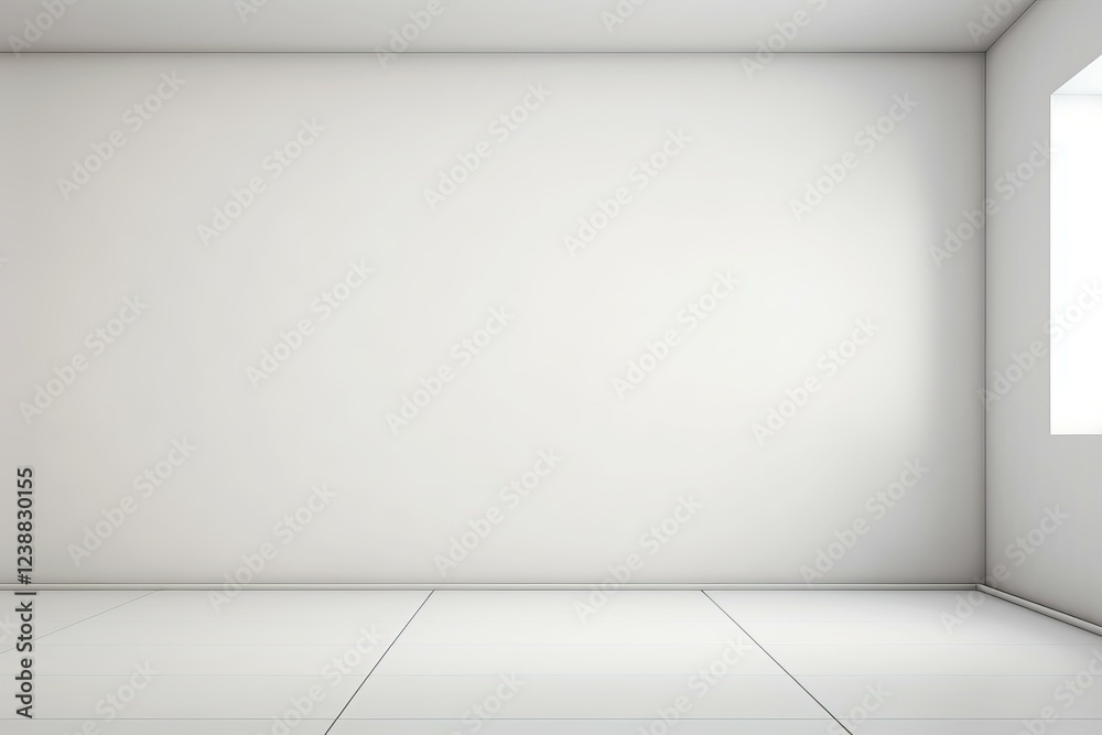 Minimalist interior design featuring an empty white room with tiled floor and a single window providing natural light Minimalist interior design featuring an empty white room with tiled floor and a single window providing natural light