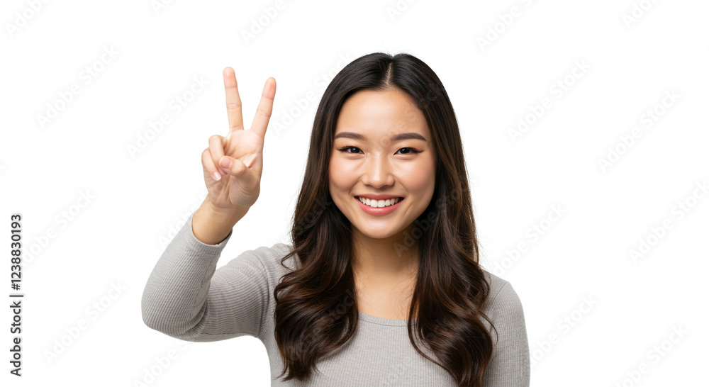 A photorealistic portrait of a confident young Asian woman with a warm smile, raising her hand in a peace sign gesture A photorealistic portrait of a confident young Asian woman with a warm smile, raising her hand in a peace sign gesture