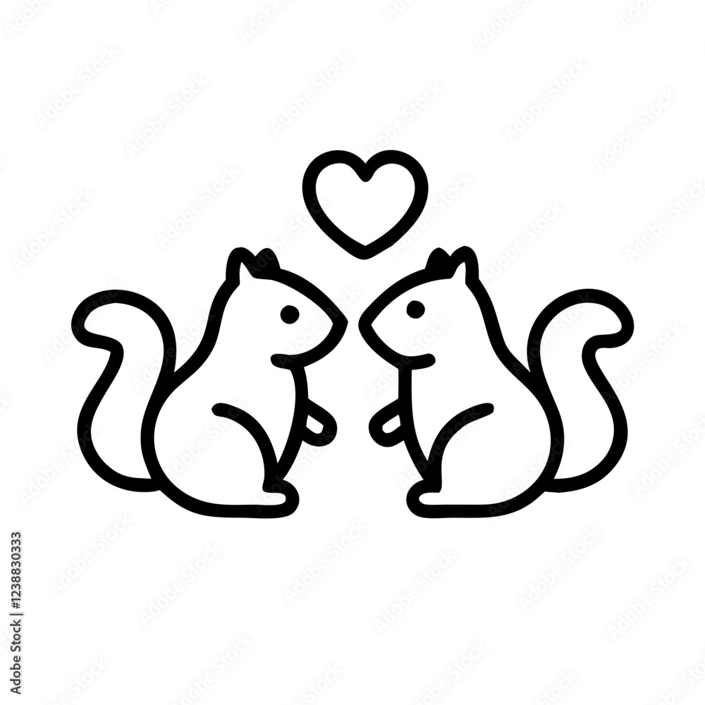 Two squirrels facing each other with heart in black line art Two squirrels facing each other with heart in black line art