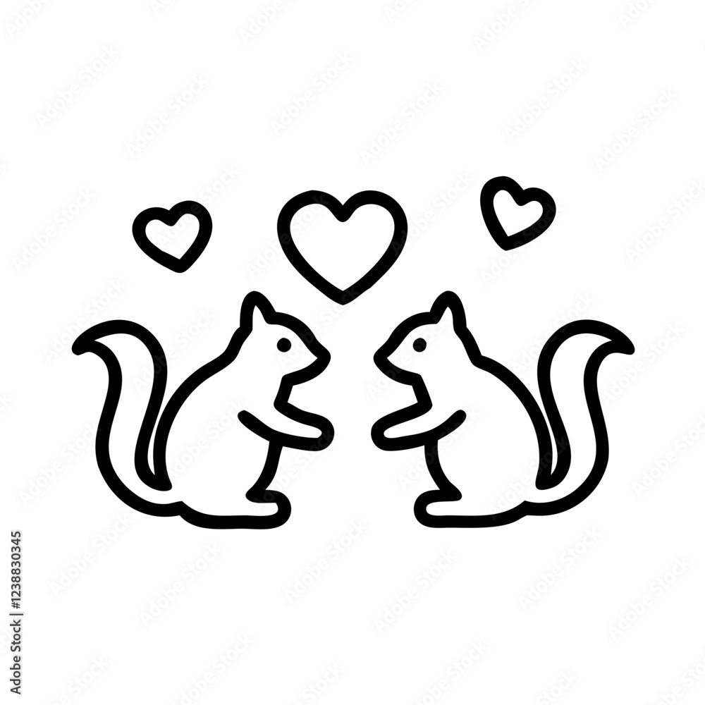 Fototapeta premium Two squirrels with floating hearts in black line art