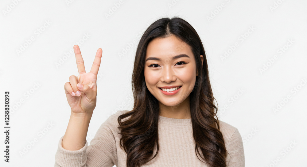 A photorealistic portrait of a confident young Asian woman with a warm smile, raising her hand in a peace sign gesture A photorealistic portrait of a confident young Asian woman with a warm smile, raising her hand in a peace sign gesture