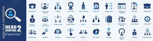 Head Hunting & HR Vector Icons Set. Professional HR icons depicting recruitment processes; perfect for corporate and agency use.