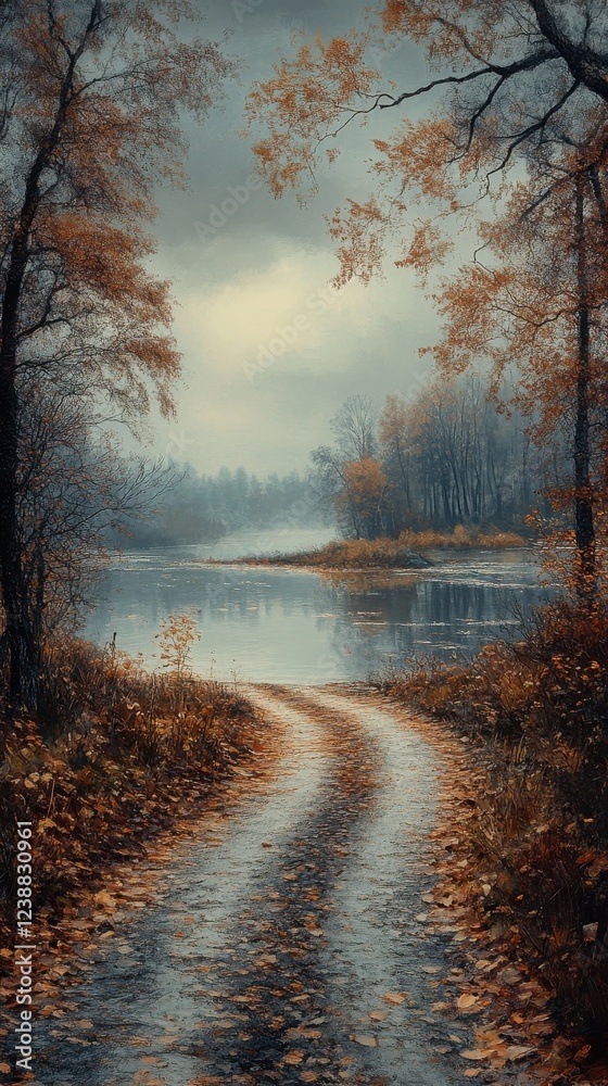 Obraz premium Forest path leading to a serene lake surrounded by trees and natural landscape scenery