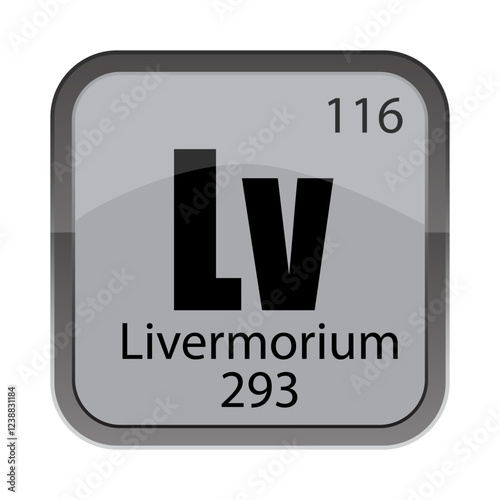Livermorium chemical element. 116 atomic number. Two hundred ninety three mass. Shiny Vector tile.