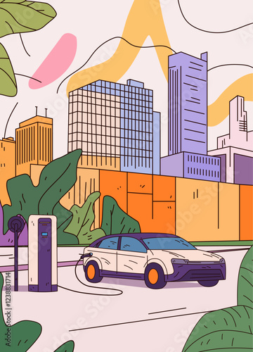 Electric car charging urban landscape sustainability. Modern cityscape with skyscrapers and greenery electric vehicle at charging station vibrant colors dynamic lines