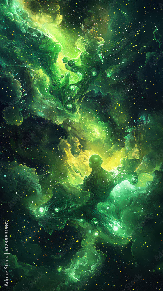 Fototapeta premium Vibrant abstract representation of green energy in cosmic setting, showcasing swirling patterns and luminous elements