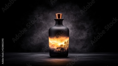 Artisanal mezcal bottle with hand blown glass details against smoky background for luxury package design and bar decor photo