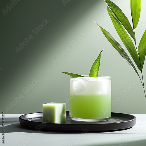 refreshing Thai dessert ad cold beverages Refreshing green beverage with bamboo leaves.