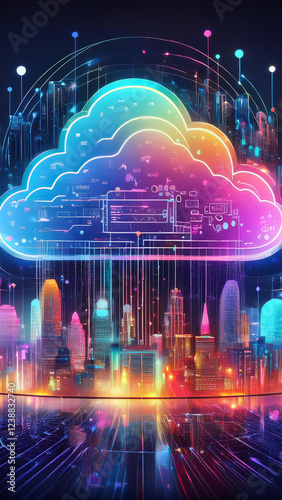 Cloud Computing smart city, skyline. Royalty high-quality free best stock of Cityscape Connections. Digital data transfer with computing networked across. Data storage, service, synchronize, online