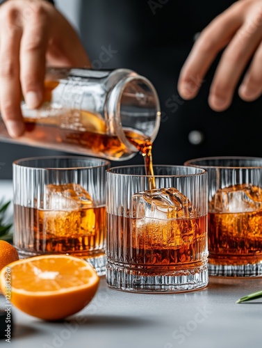 Hands of a bartender pouring a cocktail from a mixing glass, straining it through a sieve into a stemmed glass photo