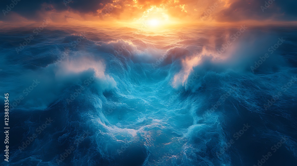 Fototapeta premium Dramatic ocean sunset, waves crashing, fiery sky, sea background, spiritual imagery