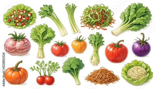 A set of vegetable salad illustrations on a white background