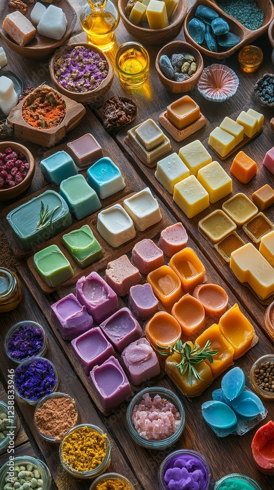 A soapmaker table filled with colorful soaps, molds, and natural oils. pic A soapmaker table filled with colorful soaps, molds, and natural oils. pic