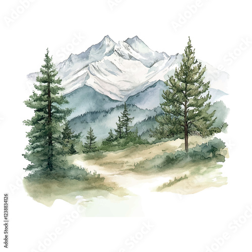 A painting of a mountain landscape with trees and a path. The mood of the painting is peaceful and serene