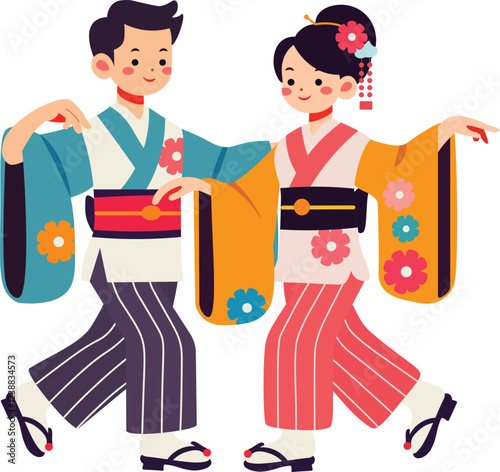 Traditional Japanese Dancer Couple Cartoon