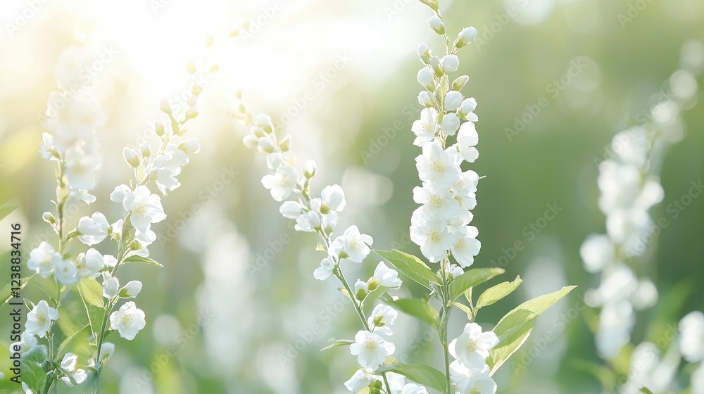 White flowers blooming in sunlit garden White flowers blooming in sunlit garden