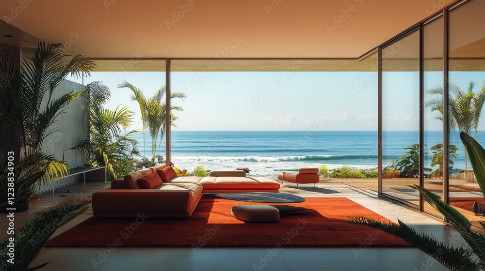 Fototapeta premium Modern beachfront living room with ocean view and stylish furniture in tropical setting