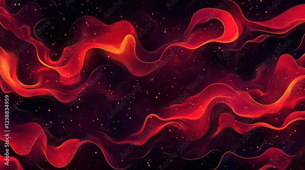Abstract Red and Orange Waves with Glowing Particles Abstract Red and Orange Waves with Glowing Particles