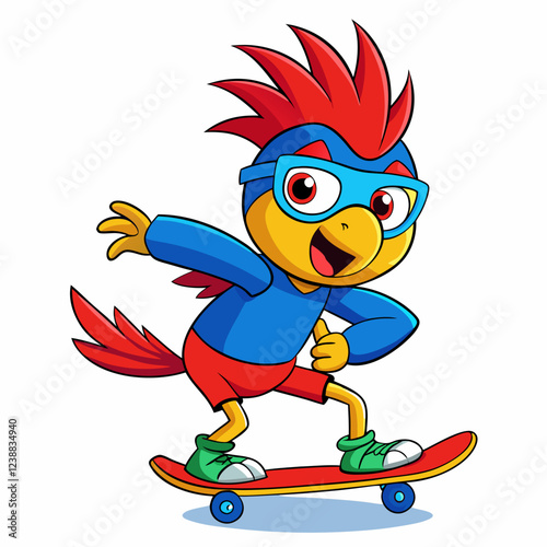 Cartoon Parrot Skateboarding with Red Mohawk and Colorful Feathers in Playful Pose