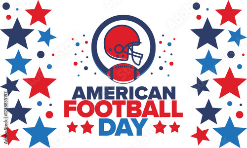 American Football Day. Holiday for American football fans in United States. Game Day. Professional team sport. Championship. Ball and Helmet. Sport poster. Vector illustration